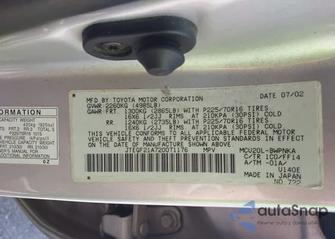 2002 Toyota Highlander Limited z USA, uszkodzony, nr VIN JTEGF21A720071176